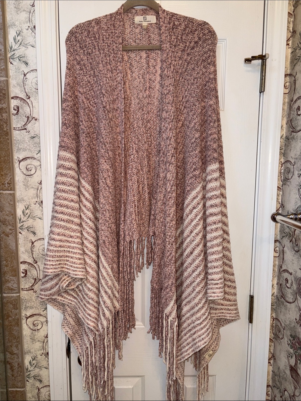 Soooo Soft Pretty Persuasions Blush Pink & Cream Striped Knit Fringe Wrap